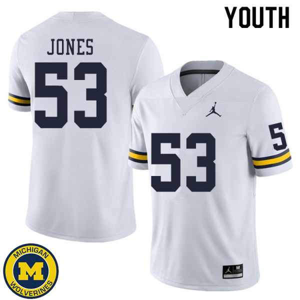 Youth University of Michigan #53 Trente Jones White Replica Stitch Jersey